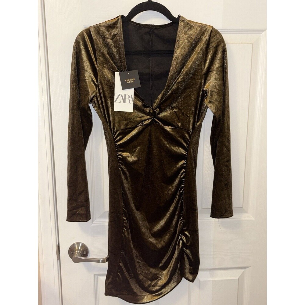 Zara Women's Velvet Twist Front Ruched Mini Dress in Bronze Back Gold Sz Medium